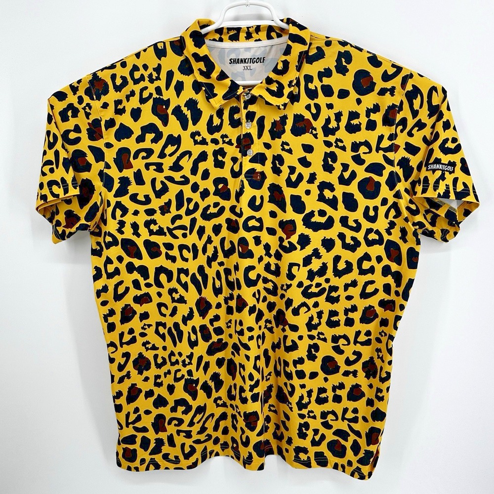 Shank It Golf Polo Mens 3XL Yellow Brown Cheetah Leopard Print Short Sleeve